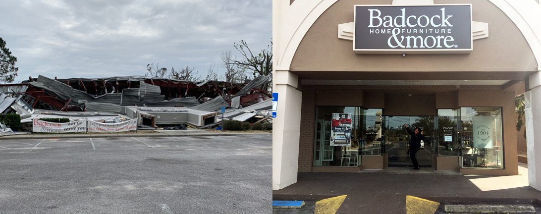 Image of a Badcock store damaged by a hurricane